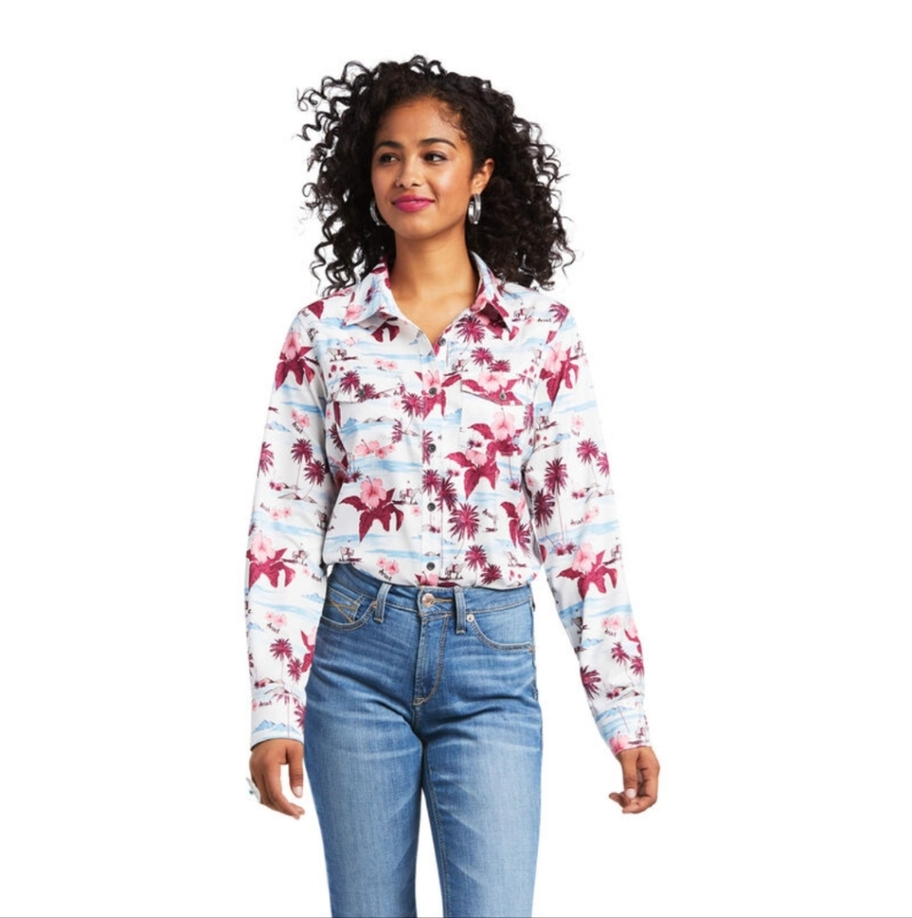 Ariat Ladies VentTEK Long Sleeve Button Up Shirt White Hawaiian Cowgirl Size XL - Picture 2 of 16